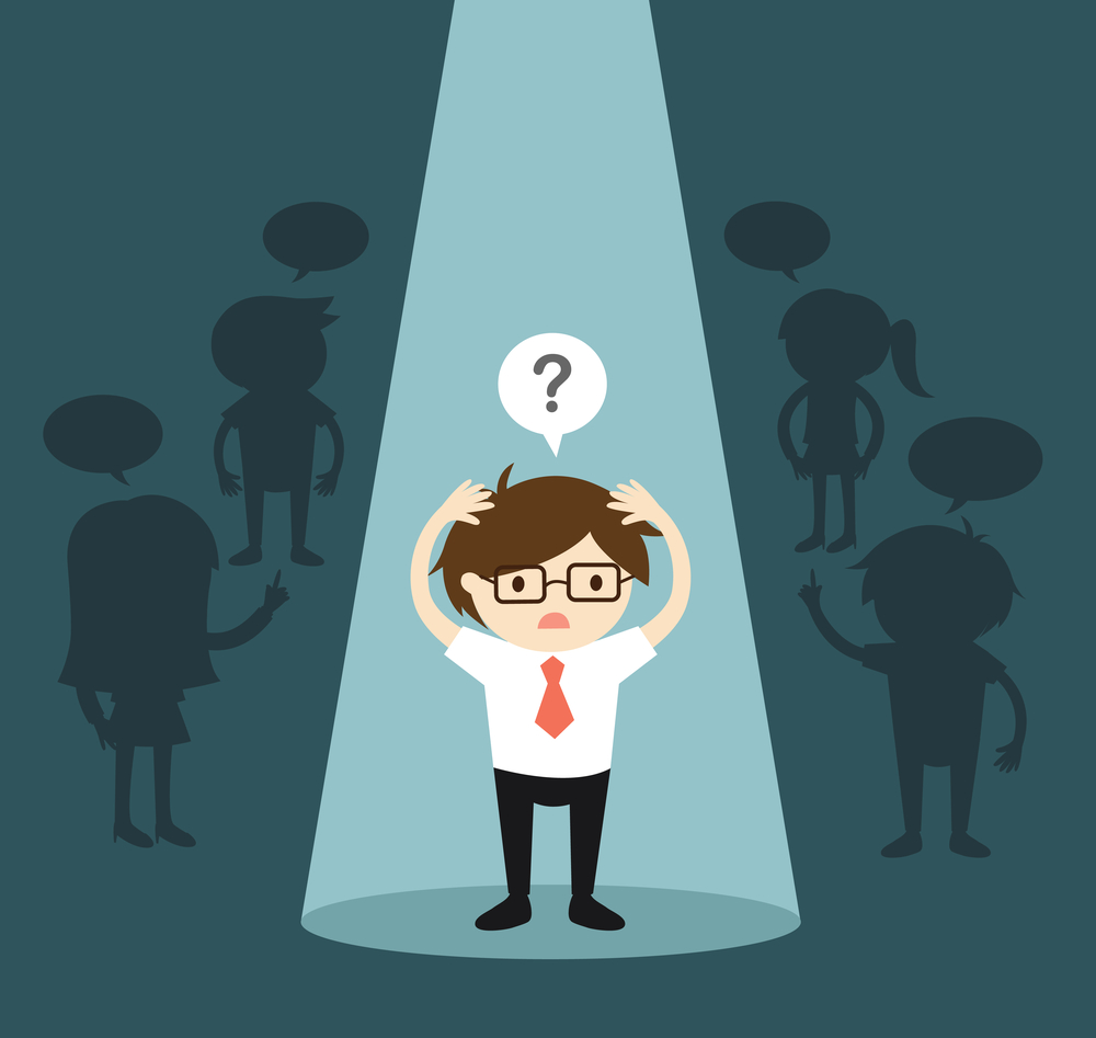 Business concept, Businessman standing alone in spotlight and feeling confused. Vector illustration. Business concept, Businessman standing alone in spotlight and feeling confused. Vector illustration.