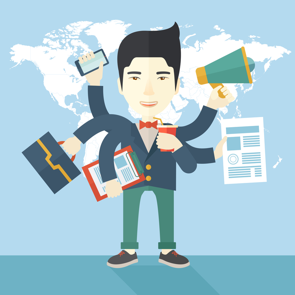 A young but happy japanese employee has six arms doing multiple office tasks at once as a symbol of the ability to multitask, performing multiple task simultaneously. Multitasking concept. A Contemporary style with pastel palette, soft blue tinted background. Vector flat design illustration. Square layout.