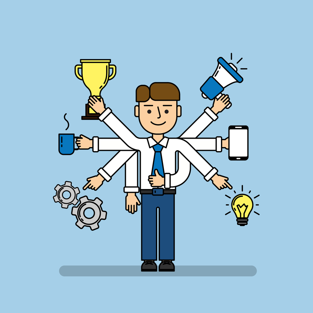 Isolated multitasking businessman. Isolated multitasking businessman. Talented funny man with six hands. Loudspeaker, idea, coffee, golden cup, gear and smartphone.