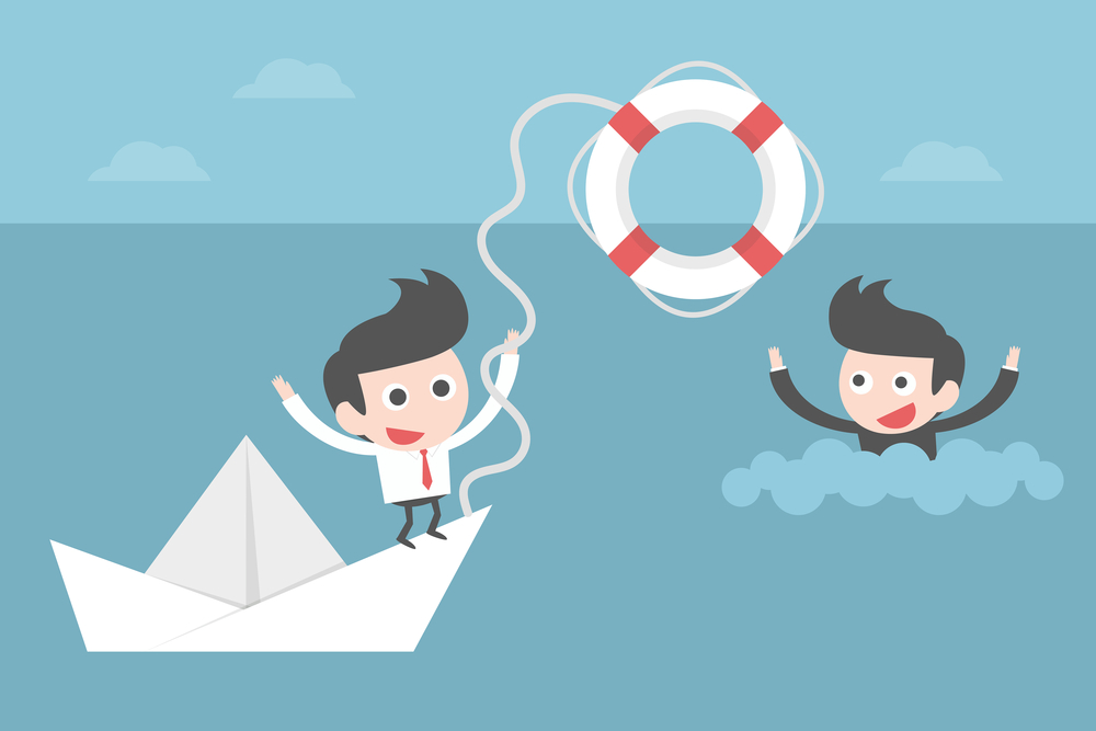 Rescue businessman helping friend, concept cartoon.