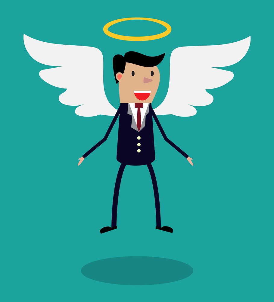 Cartoon man character in business suit with wings and halo flying in the air. Metaphor for business angel or angel investor.