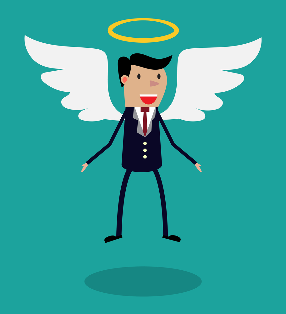 Cartoon man character in business suit with wings Cartoon man character in business suit with wings and halo flying in the air. Metaphor for business angel or angel investor.