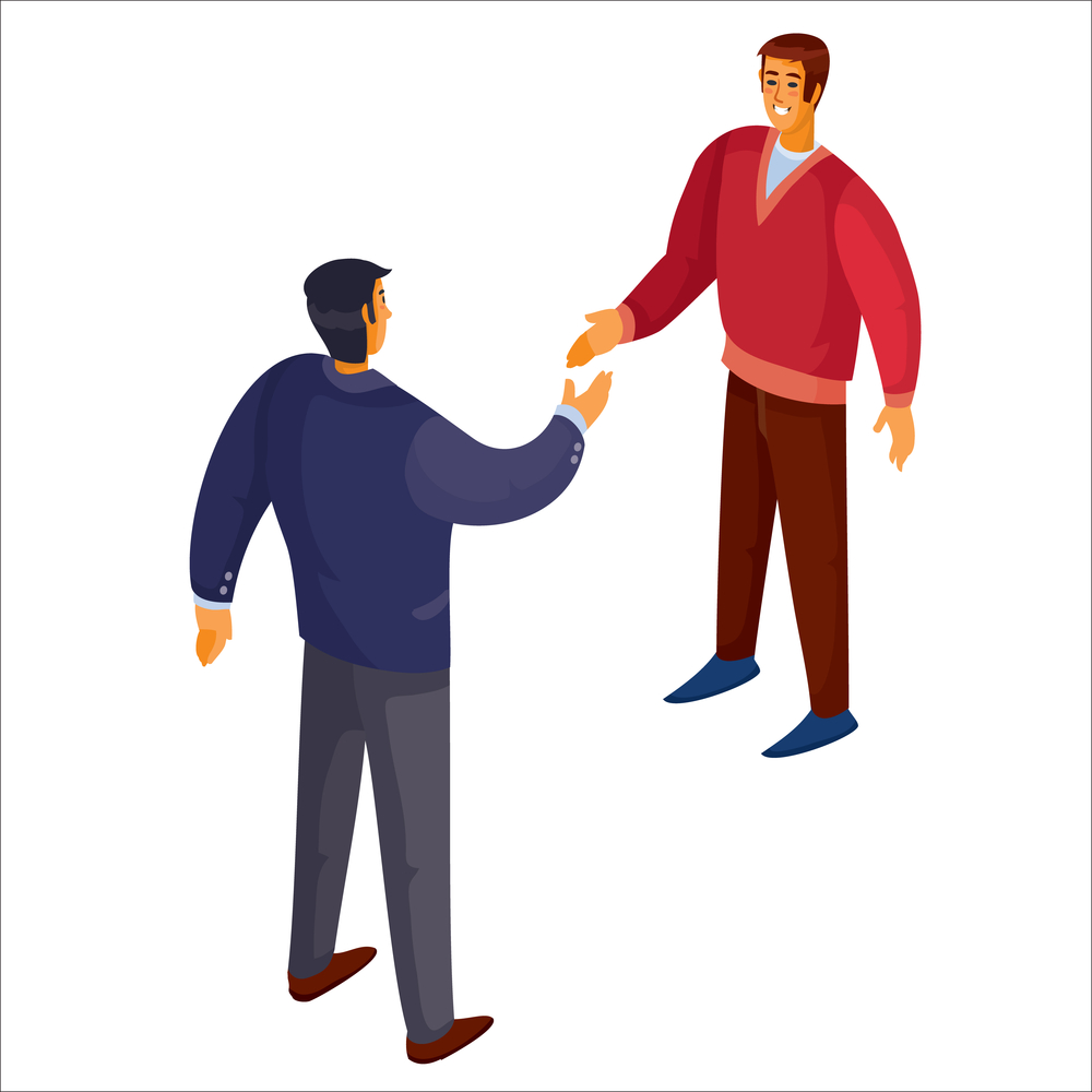 3d isometry, a man in a blue sweater shakes hands with a man in a red sweater, isolated object on a white background,