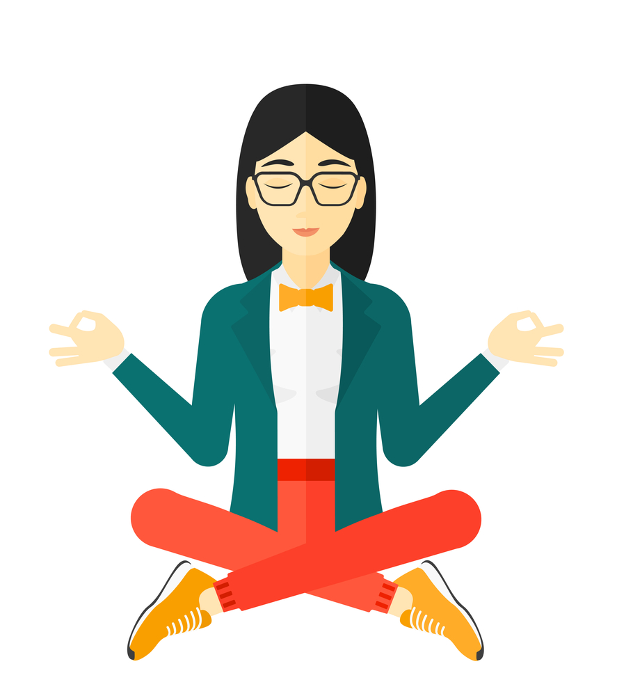 An asian business woman meditating in lotus pose vector flat design illustration isolated on white background.