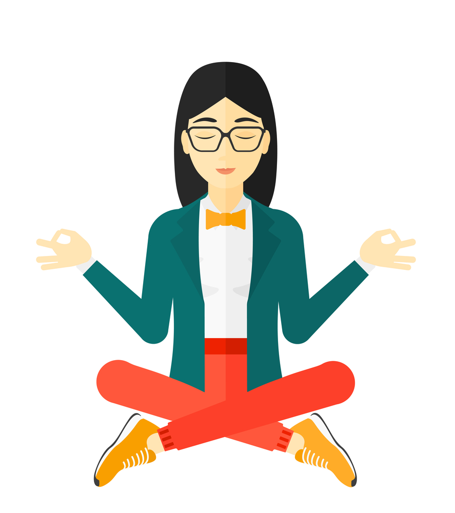 Business woman meditating in lotus pose. An asian business woman meditating in lotus pose vector flat design illustration isolated on white background.