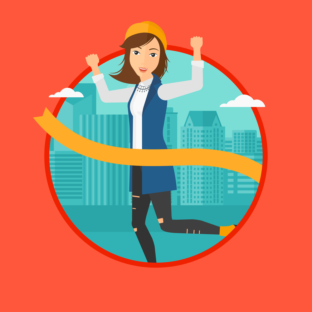 A successful business woman running at the finish line. Business woman crossing finish line. Concept of business success. Vector flat design illustration in the circle isolated on background.