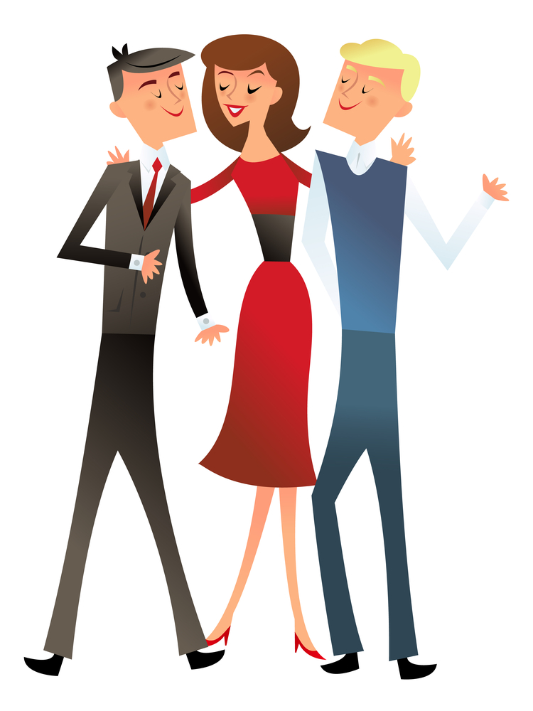 A vector illustration of a group of three happy office coworkers in the style of retro mid century modern.