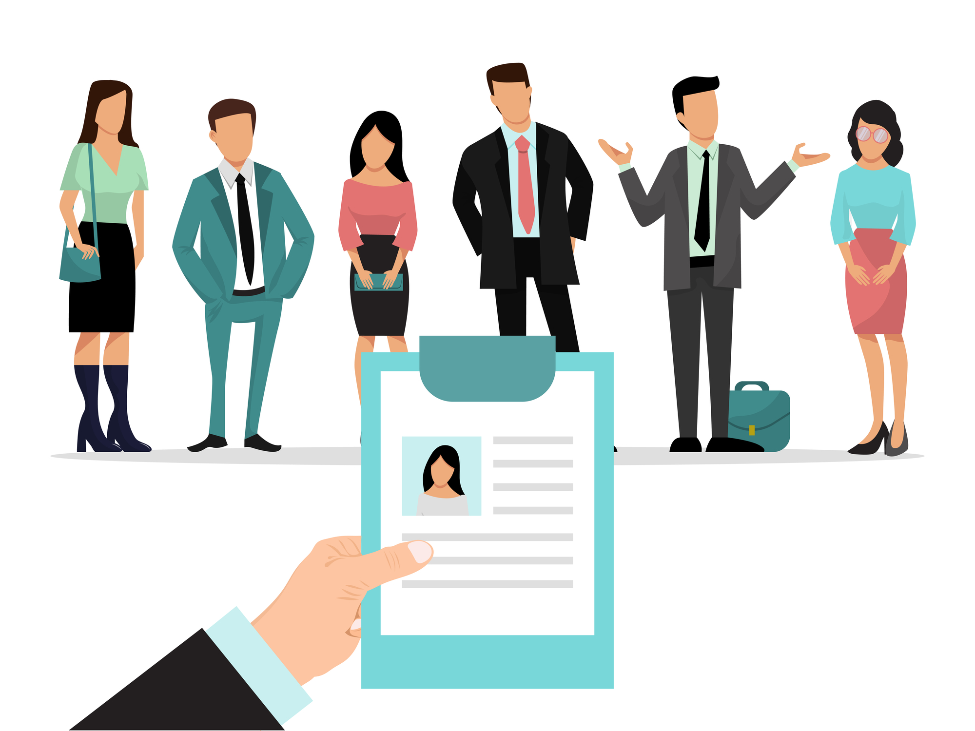 Employer is holding resume and choosing candidate for a job. Group of people employee in front of him. Recruitment business vector Illustration. Choosing ideal candidate among businesspeople