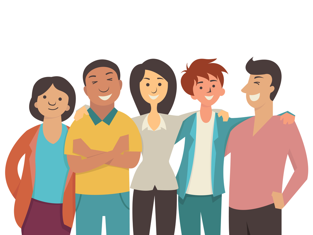 Vector character flat design of diverse happy people, teenager, muti-ethnic, smiling and joyful together.