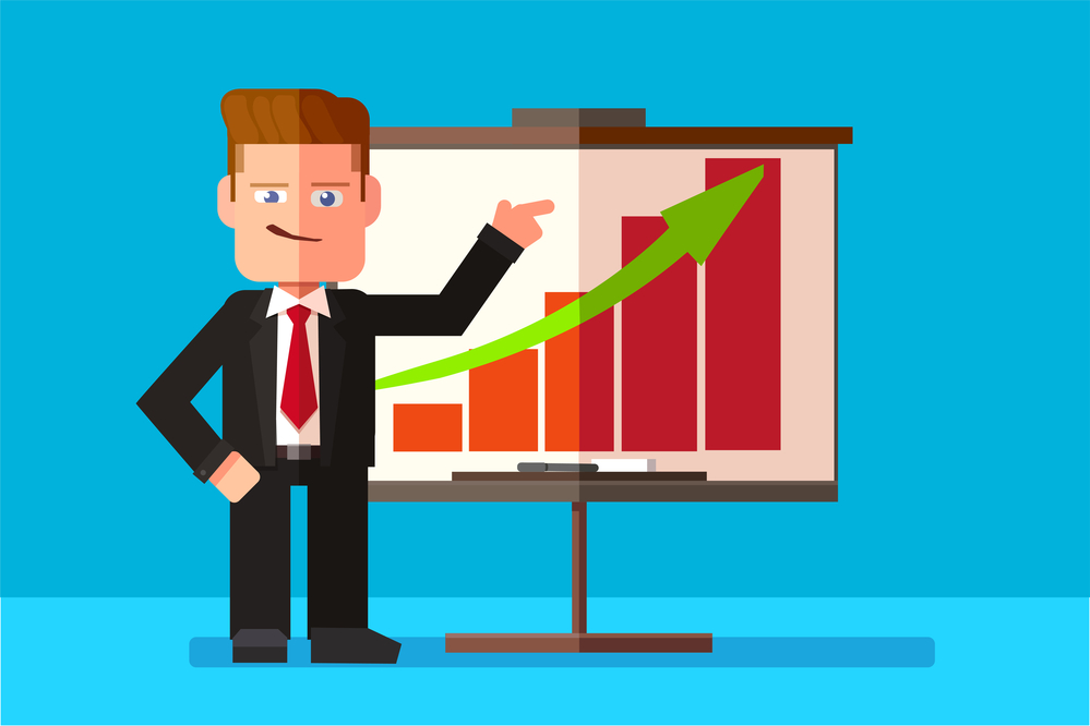 Corporate man presenting his business report through infographics. Vector flat design illustration. Horizontal layout