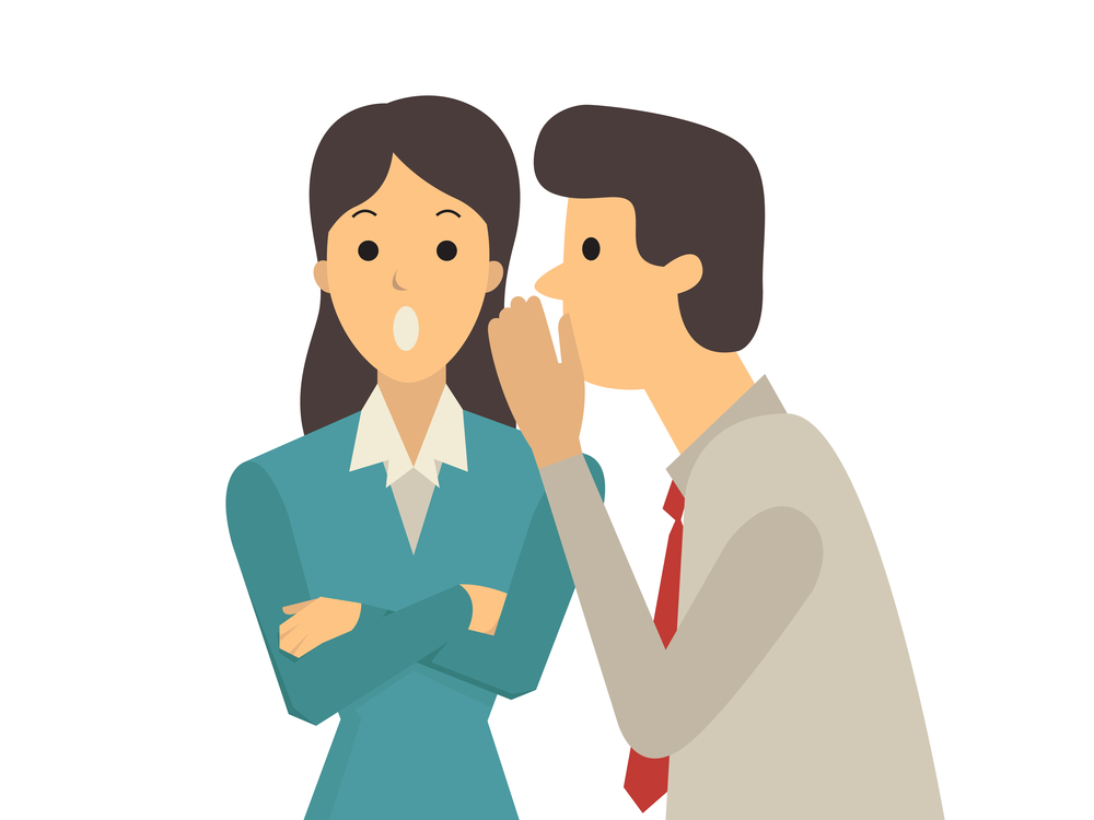 Businessman whispers to his colleague in office about gossip, rumor, or secrets.