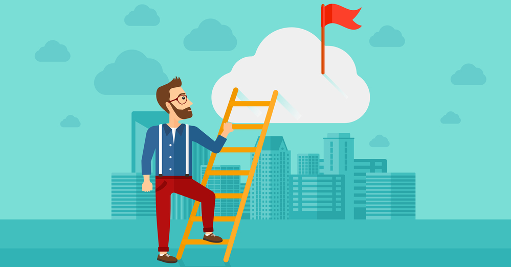 A hipster man with the beard holding the ladder to get the red flag on the top of the cloud on the background of modern city vector flat design illustration. Horizontal layout.