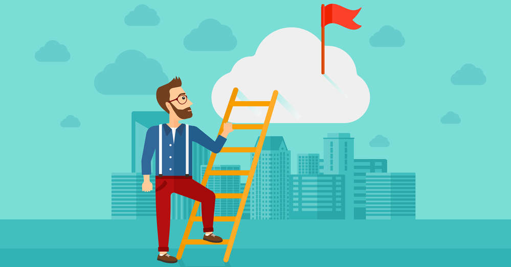 Man climbing the ladder. A hipster man with the beard holding the ladder to get the red flag on the top of the cloud on the background of modern city vector flat design illustration. Horizontal layout.