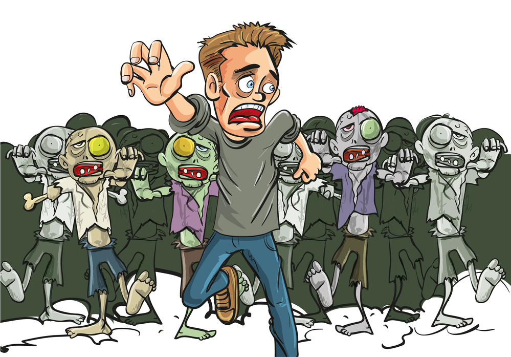 Large crowd of ghoulish undead zombies pursue a running man fleeing for his lfe after they find a lone survivor of the Zombie Apocalypse, cartoon illustration