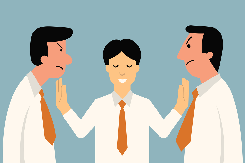 Mediator Businessman being mediator between conflict or arguing co-worker in office.