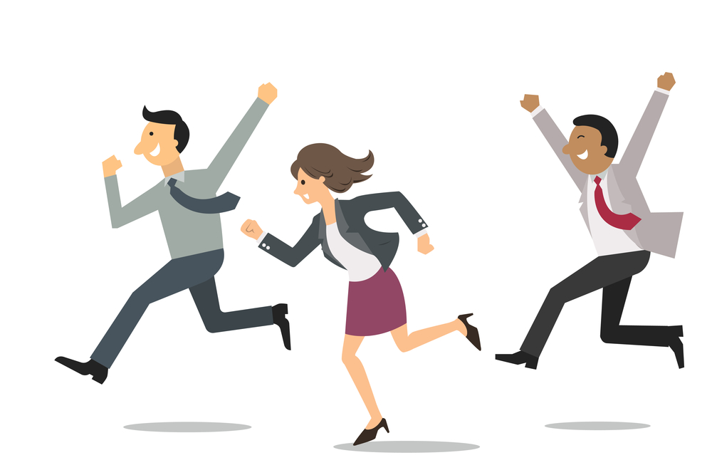 Happy businesspeople Confident business people running into the same direction with happy and cheerful expression. Business concept in winning and successful team.