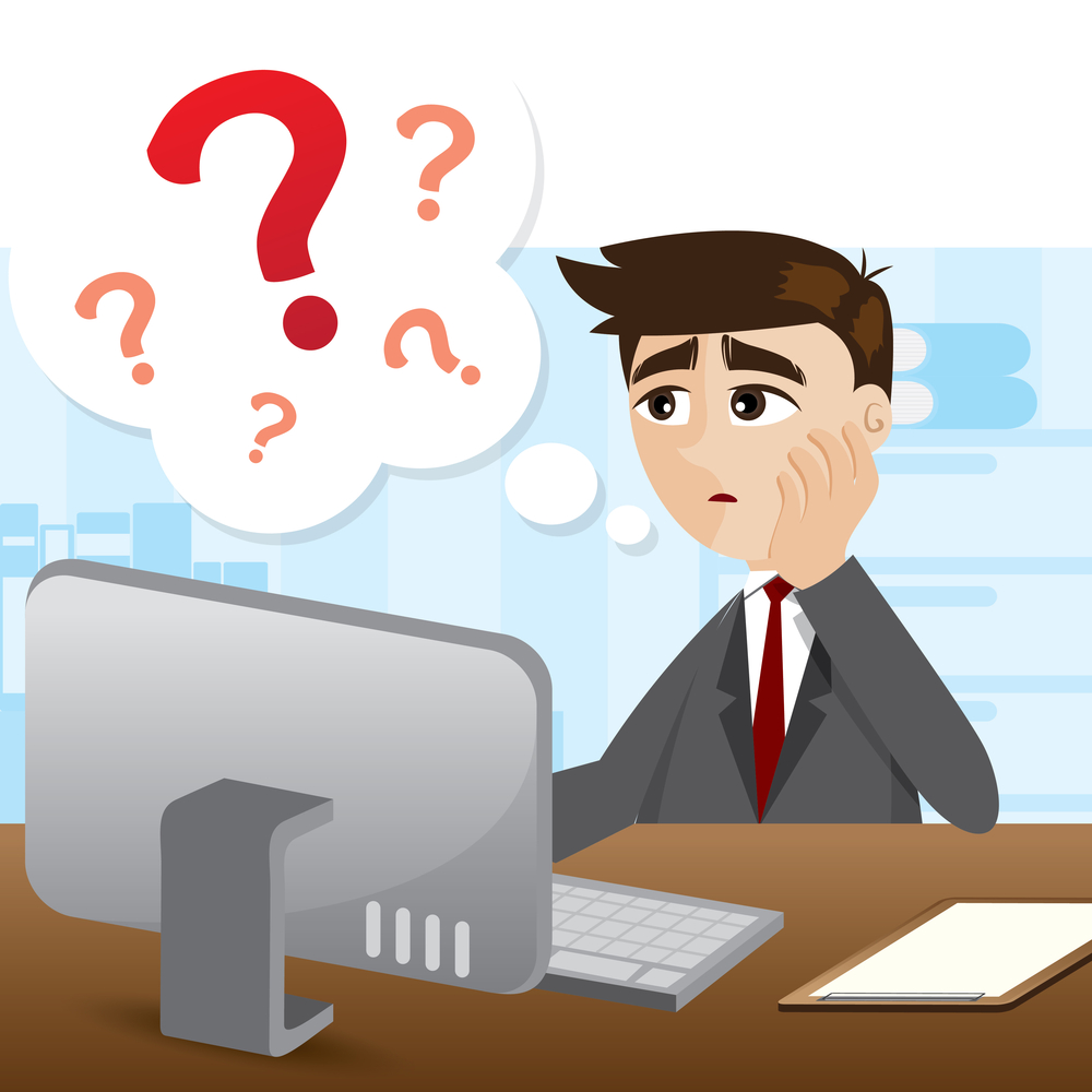 illustration of cartoon businessman with question mark in business problem concept