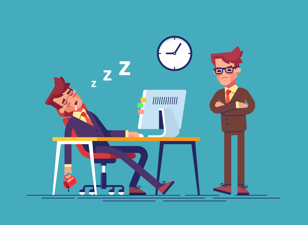 Angry boss and office worker falling asleep at work in office. Exhausted employee sleeping behind his desk while angry chief is standing near. Modern vector illustration.
