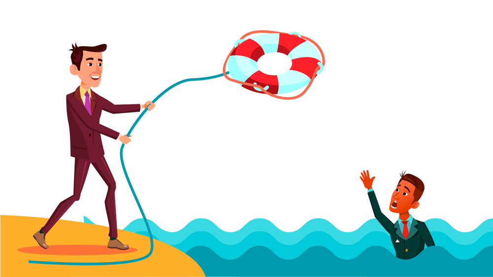 Help A Colleague. Businessman Throws Lifebuoy To Indian Colleague Vector Flat Illustration