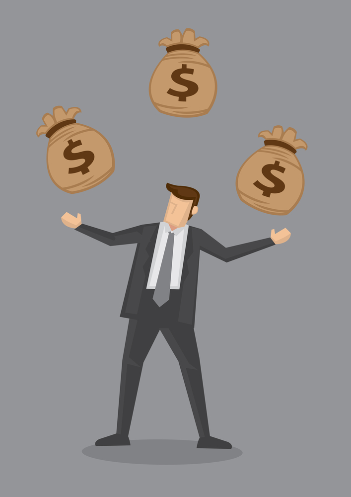 Cartoon businessman juggling three sacks with dollar signs. Vector illustration on financial and money management concept isolated on grey background.