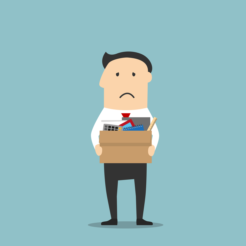 Disappointed jobless cartoon businessman is carrying a cardboard box with personal belongings, leaving office after being fired. Use as unemployment, financial crisis and depression theme design