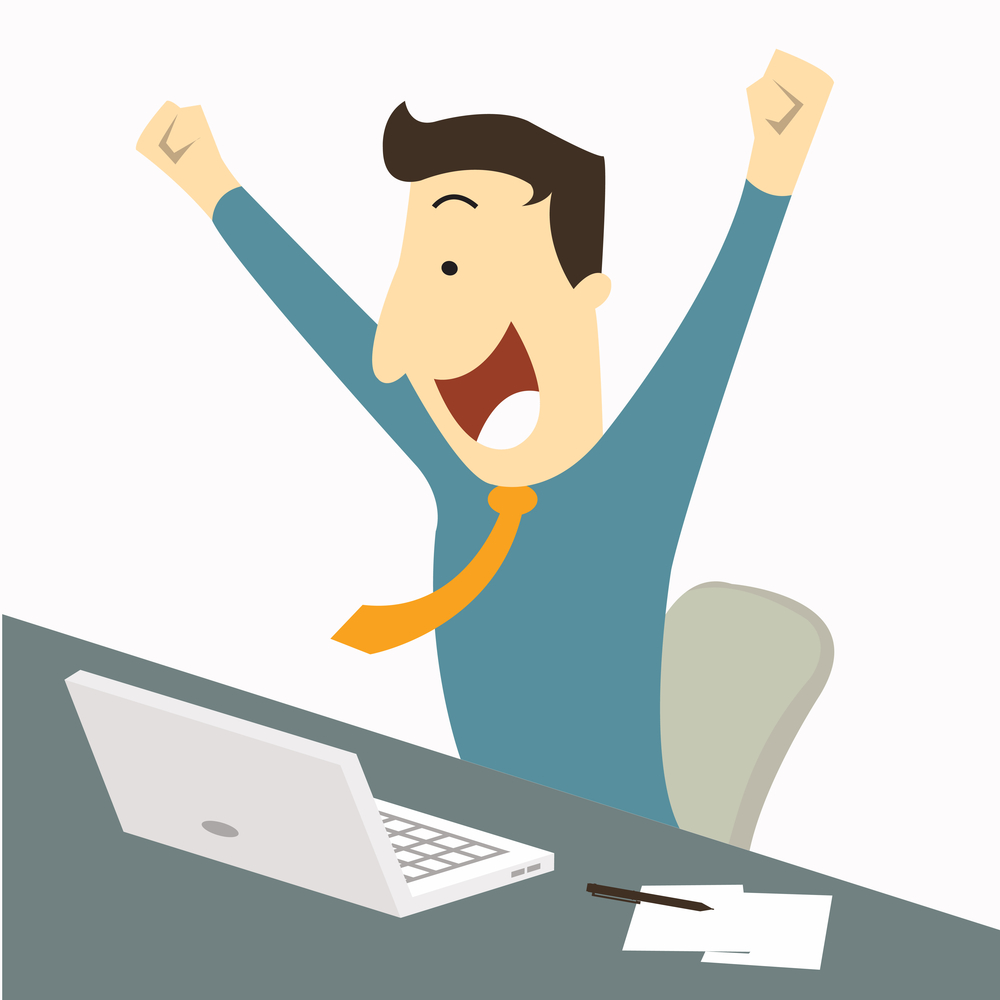 Happy businessman raising hands with clenched fists, sitting at his working desk with laptop and paper note, being excited and cheerful. Representing to getting a job or having a good news for example.