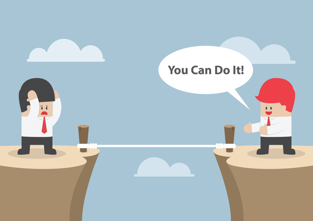 Businessman motivate his friend to cross the cliff by saying "Yo Businessman motivate his friend to cross the cliff by saying "You Can Do It", VECTOR, EPS10