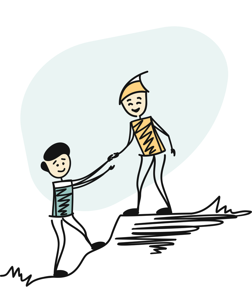 Man hiking help each other, helping team work. Cartoon sketch concept isolated vector illustration.