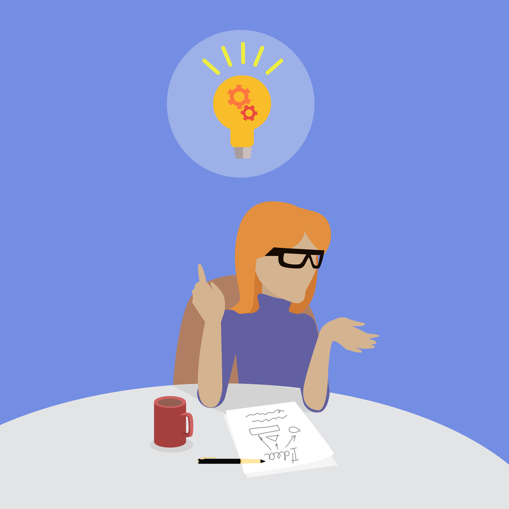 Woman Sitting Thinking About Solution of Problem. Woman sitting on chair and thinking about the solution of the problem. She has got an idea. Endless work seven days a week. Working moments. Part of series of work at the office. Vector illustration