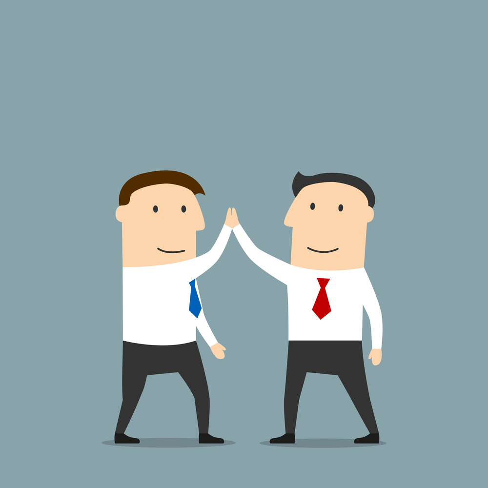 Businessmen celebrating success with a high five Excited cartoon business partners are doing a high five, congratulating each other with successful deal. Use as partnership, team work, goal achievement, celebration concept design
