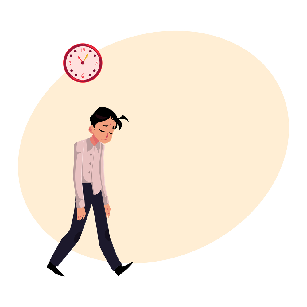 Young tired, upset, exhausted businessman feeling a mess, dragging feet home after hard working day, cartoon vector illustration with place for text. Businessman, employee sad, upset, tired