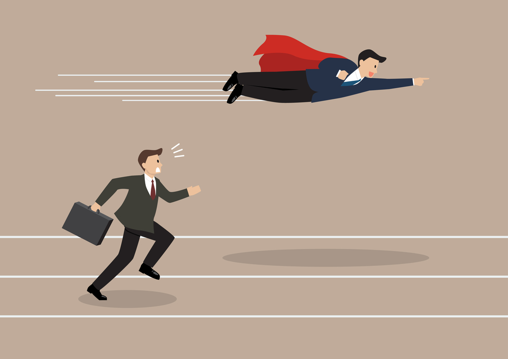 Businessman superhero fly pass his competitor. Business competition concept