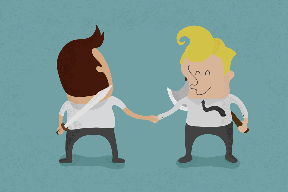 Two business mans shaking hands and hiding weapon behind their b Two business mans shaking hands and hiding weapon behind their backs , eps10 vector format