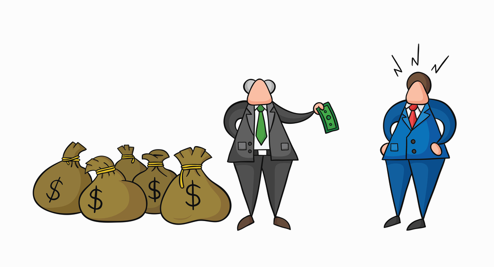 Hand-drawn vector illustration boss has a lot of money with sacks and pays one money to his businessman worker. Colored and black outlines.