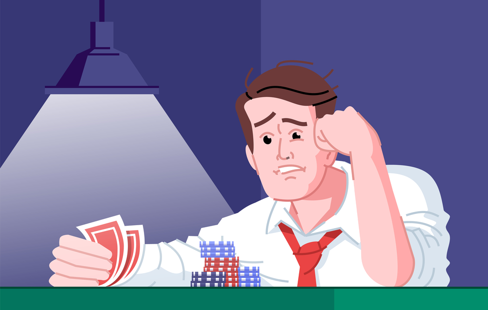 Gambling addiction flat vector illustration. Casino entertainment dependence. Gamblers failure, bad luck day. Obsessed poker player frustrated about losing card game cartoon character