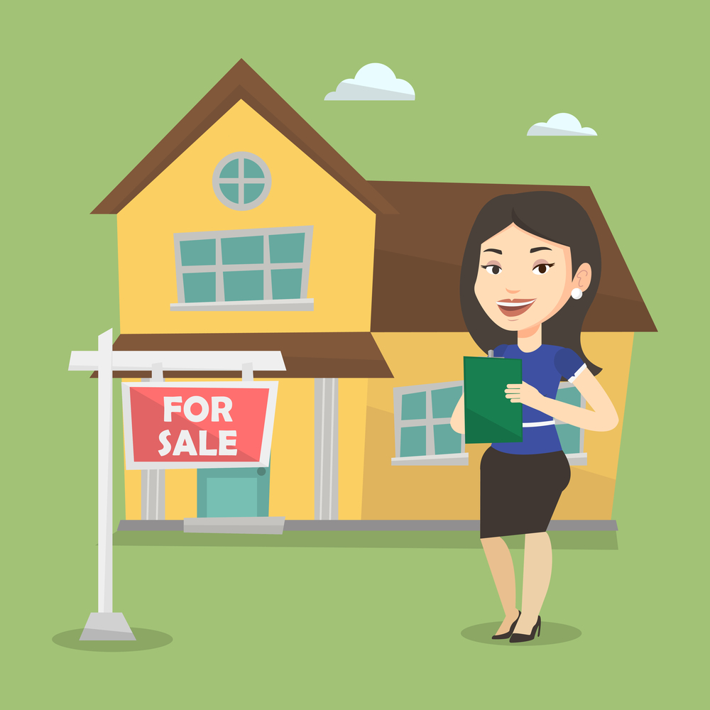 Happy real estate agent signing home purchase contract. Real estate agent standing in front of the house with placard for sale. Realtor selling a house. Vector flat design illustration. Square layout.