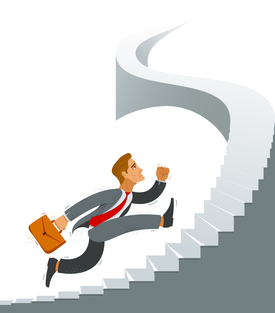 Business man run and hurry on stairs up high vector illustration, funny comic cute cartoon businessman worker or employee inspired to career growth success.