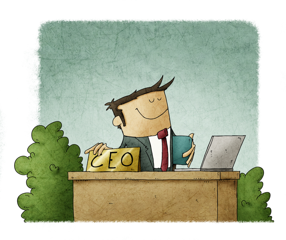 cartoon style illustration of a CEO at his office desk