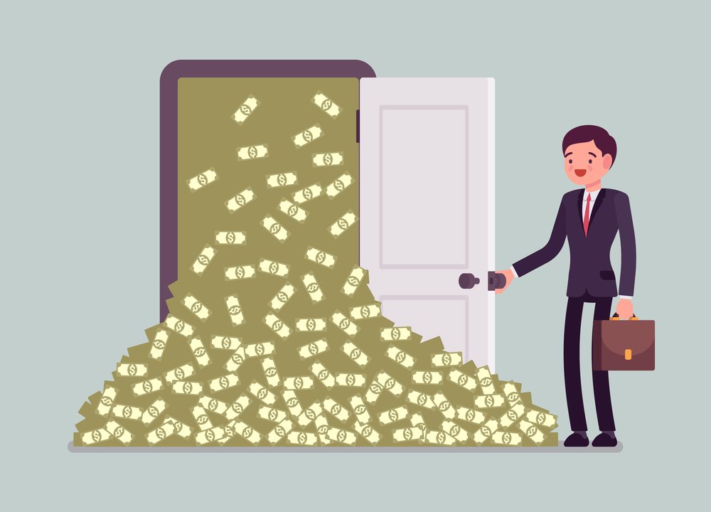Money avalanche, large cash heap and a businessman Money avalanche large cash heap and businessman. Successful manager opens a lucky door full of dollars, gets sudden arrival of profit, financial rapid increase and business growth. Vector illustration