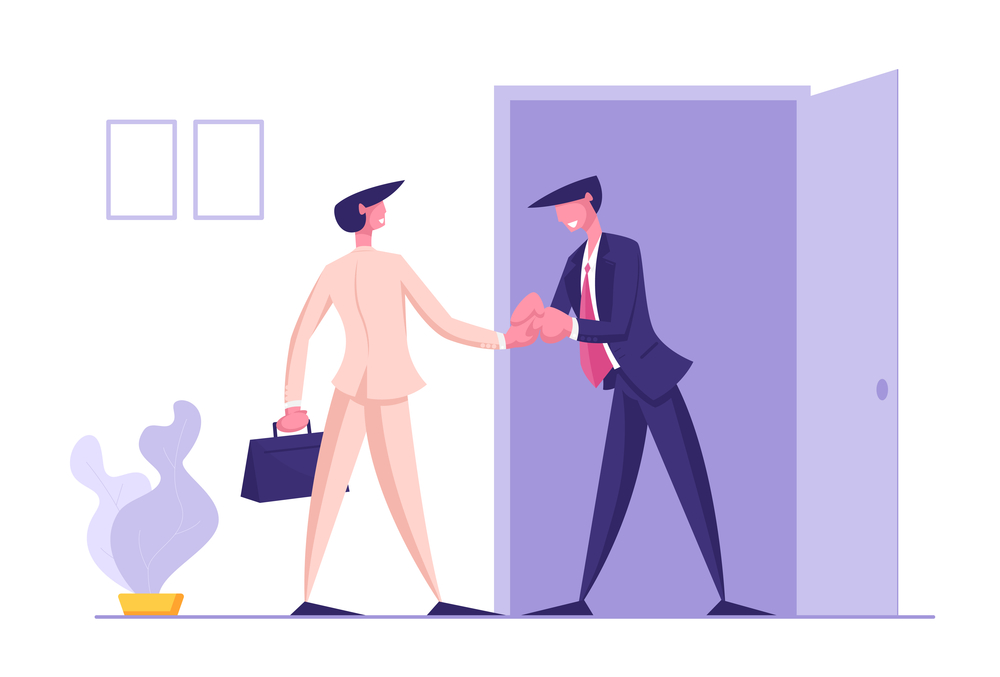 Job Application Approved and Hiring Concept. Businessman Shaking Hand to Candidate. Employment Issues, Recruiting, Partnership Human Resources Contract Agreement Cartoon Flat Vector Illustration