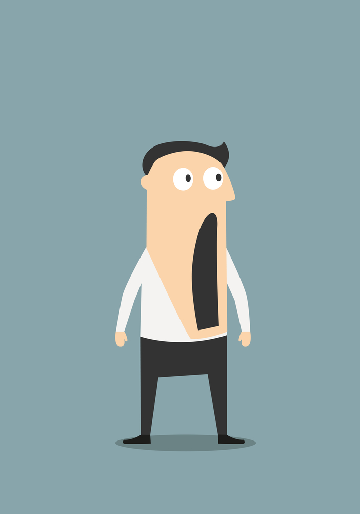 Surprised or shocked businessman with wide open mouth, for emotion expression concept design. Cartoon flat character