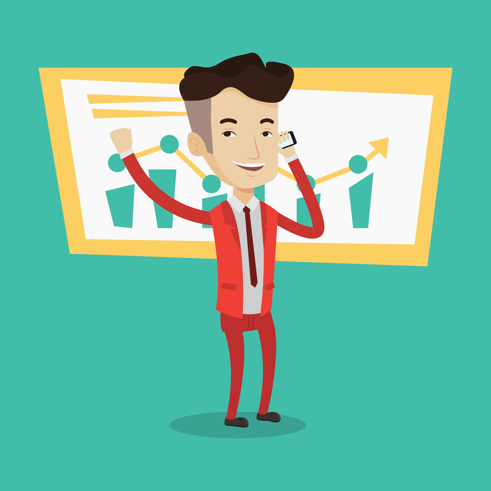 Businessman raising his arm while getting good news on mobile phone near the growth chart. Concept of business stock exchange trading, business success. Vector flat design illustration. Square layout.