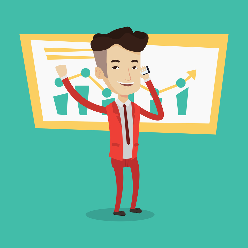 Man celebrating business success. Businessman raising his arm while getting good news on mobile phone near the growth chart. Concept of business stock exchange trading, business success. Vector flat design illustration. Square layout.