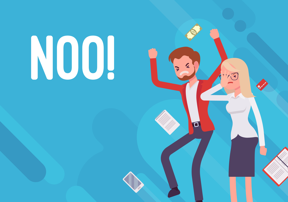 Noo. Business demotivation poster. Marketing mistakes, financial miscalculation, no target market and potential clients, employee turnover. Vector flat style cartoon illustration on blue background