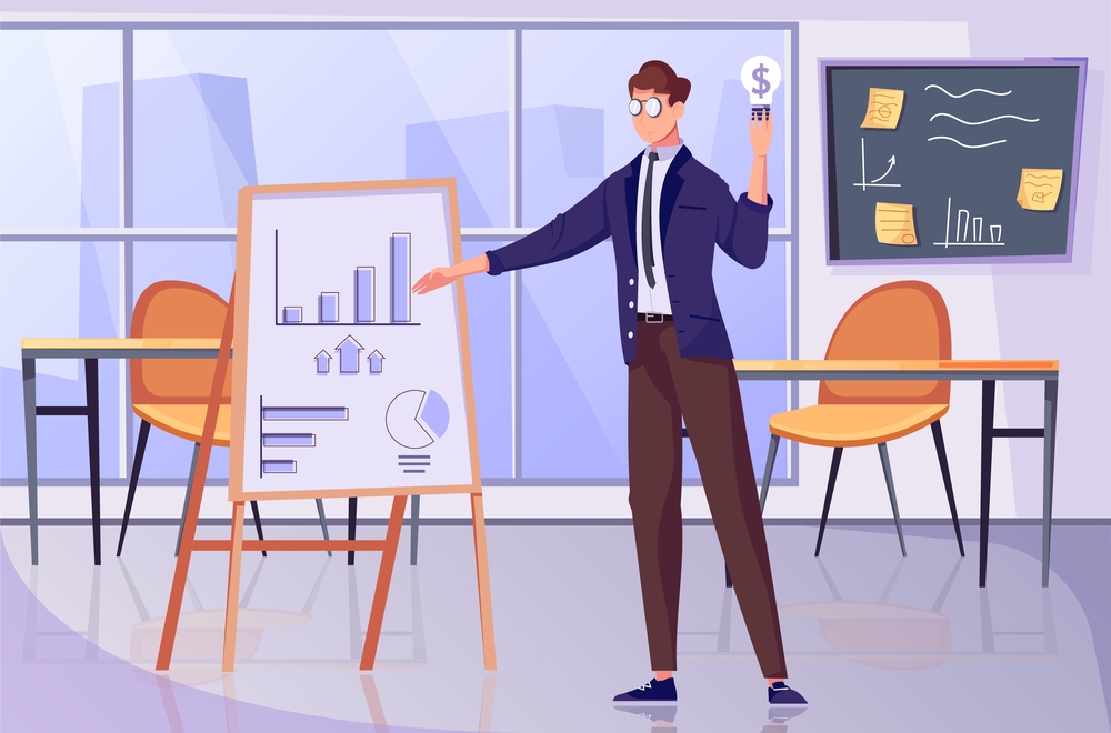 Investment strategy flat composition with office scenery and male character pointing to board with bar charts vector illustration