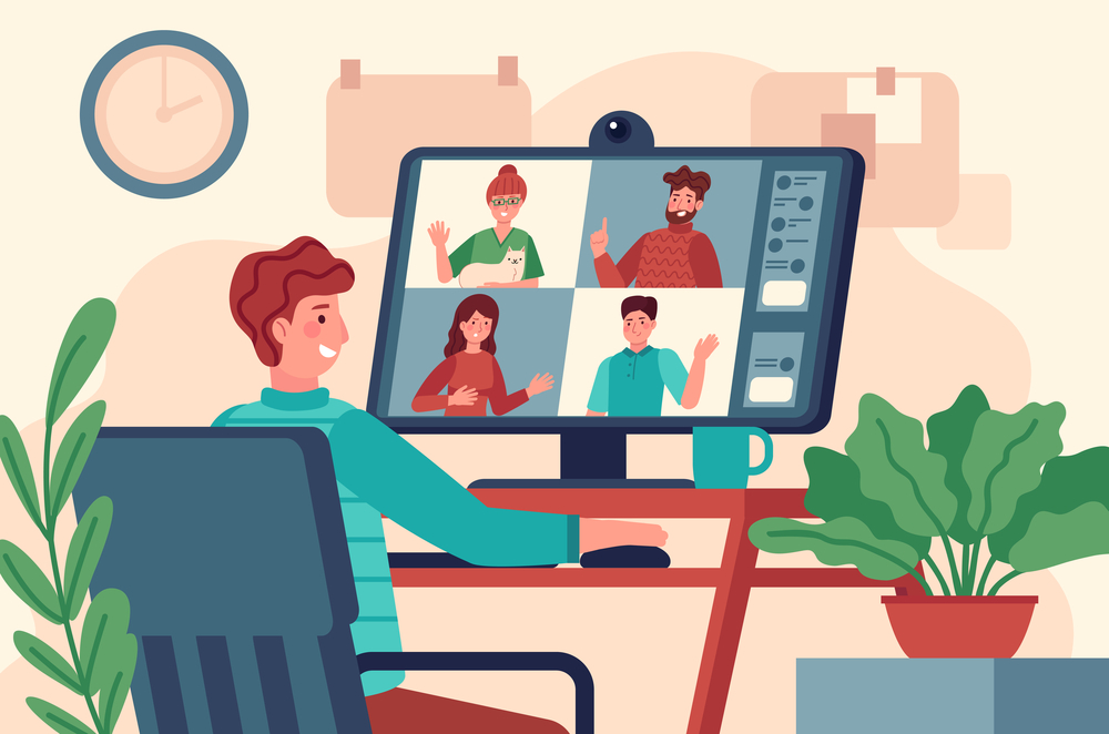 Video conference. Men at monitor holds collective virtual meeting, remote work online chat, teleconference on screen vector concept Video conference. Men at monitor holds collective virtual meeting, remote work online chat, teleconference on screen vector concept. Education online on computer from home workplace