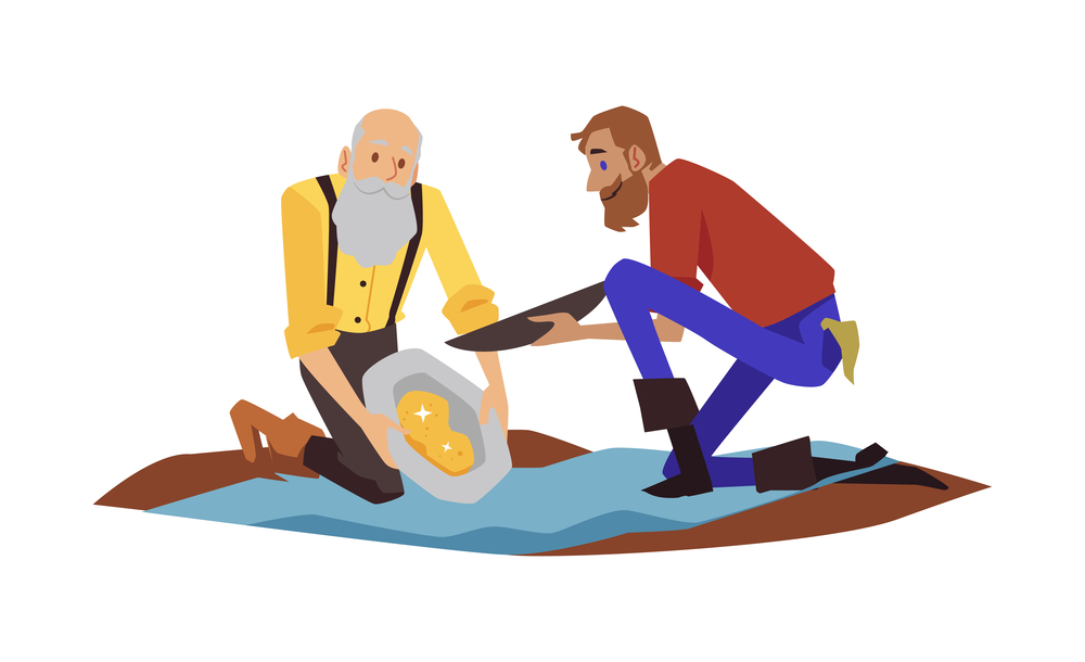 Bearded male gold diggers wash sand in river in search of nugget in flat vector Bearded male gold diggers wash sand in river in search of nugget. Gold prospectors in mine from wild west during gold rush in flat vector illustration isolated on white background