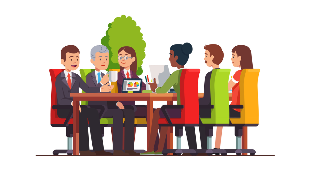Directors board, executive colleagues discussing, planning. Businessman group meeting in board room at big conference desk. Business people teamwork. Modern business interior. Flat vector illustration