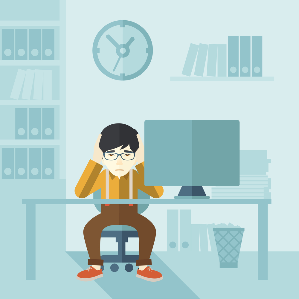 An overworked japanese businessman sitting infront of computer holding his head by two hands, under stress causing a headache. Unhappy concept. A contemporary style with pastel palette soft blue tinted background. Vector flat design illustration. Square layout.