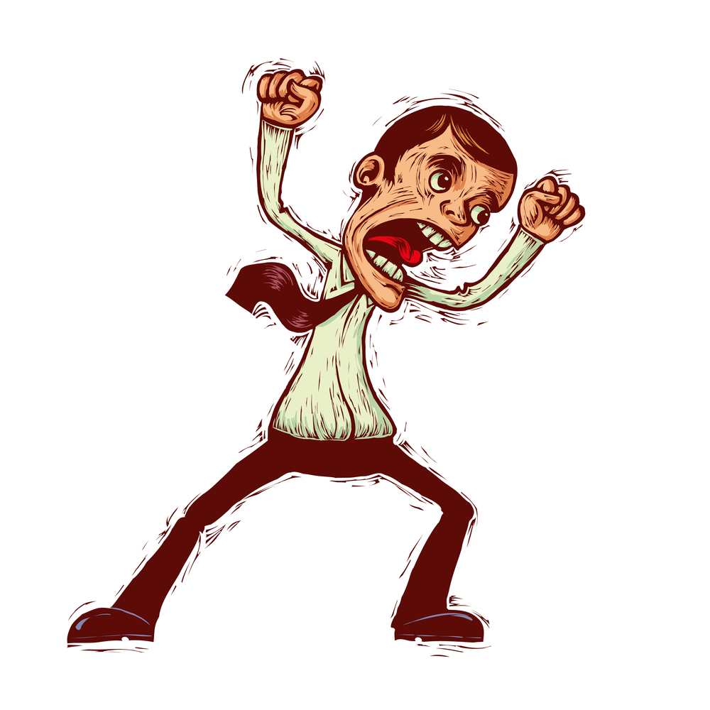 mad cartoon man very furious man waving his arms and shouting, engraved style